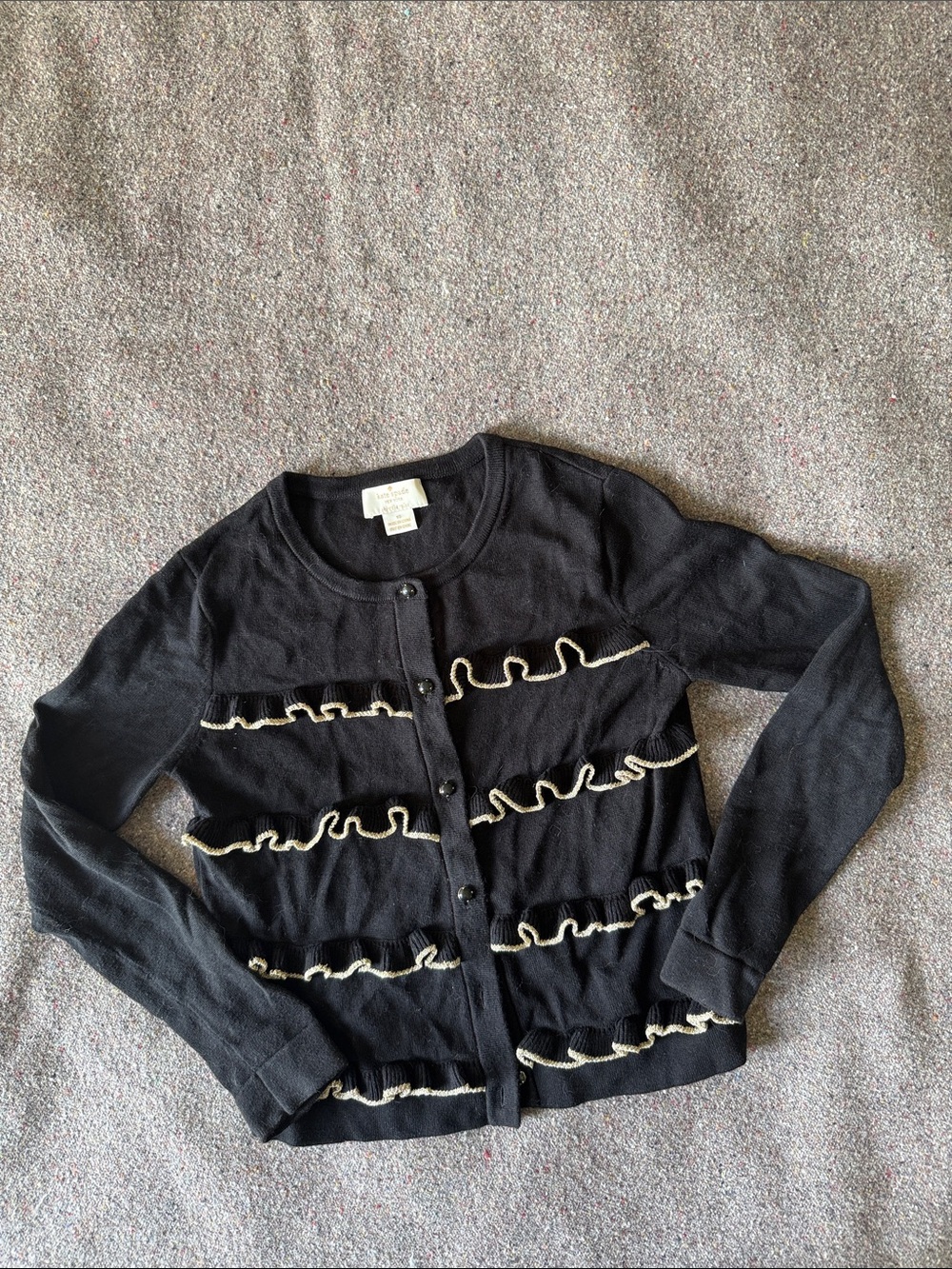 Girls Kate Spade Black Sweater Cardigan with Gold Ruffle Trim (Size 10)